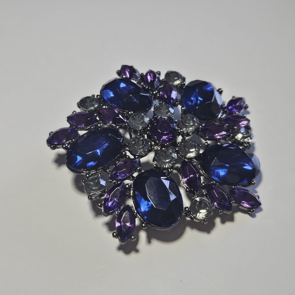Dark Silver Tone Purple Blue Gray Rhinestone Brooch